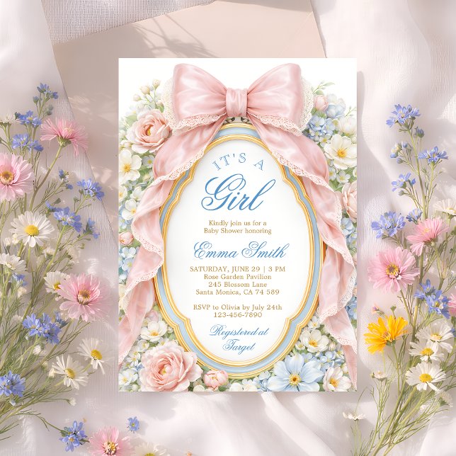 Invitación It's a Girl Floral Pink Bow Coquette Baby Shower (Subido por el creador)