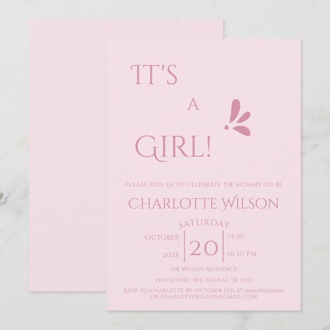 Invitación It's A Girl! Minimalism Pastel Pink Baby Shower (Anverso / Reverso)