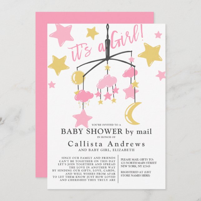 Invitación It's a Girl Moon Stars Mobile Baby Shower By Mail (Anverso / Reverso)