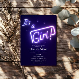 Invitación It's a Girl! Morado Neon Text Baby Shower