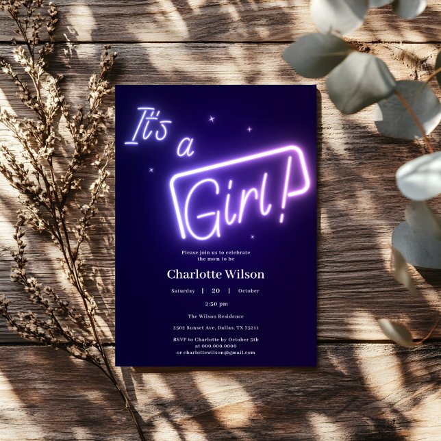 Invitación It's a Girl! Morado Neon Text Baby Shower (Subido por el creador)