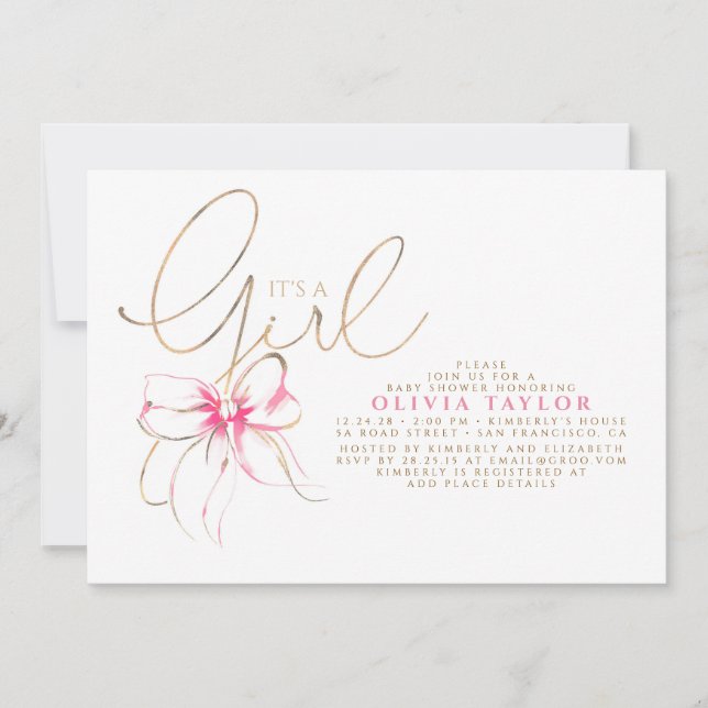 Invitación It's a Girl Pink and Gold Elegant Baby Shower (Anverso)