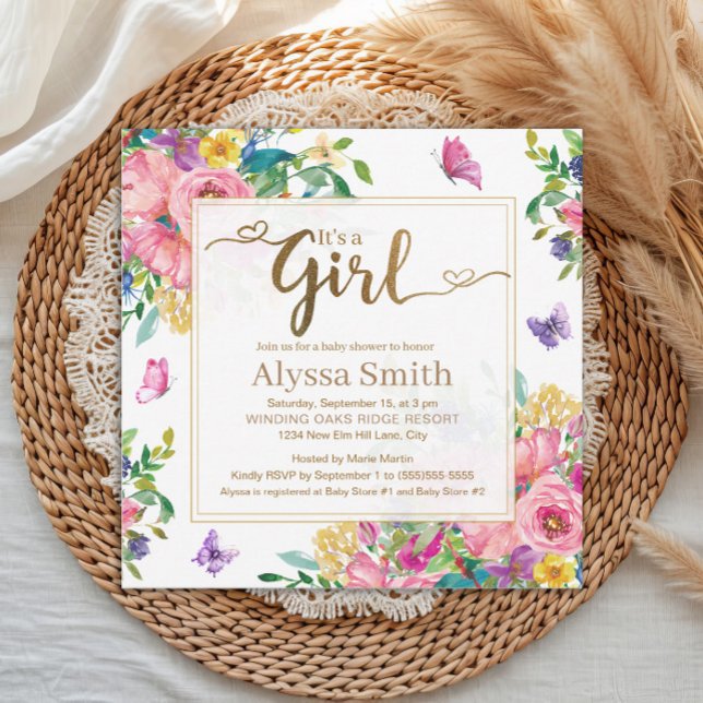Invitación It's a Girl Pink Blue Yellow Floral Baby Shower ("It's a girl" pink, blue, and yellow watercolor floral and butterflies baby shower invitation)