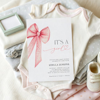 Invitación It's a Girl Pink Bow Baby Shower Invitation