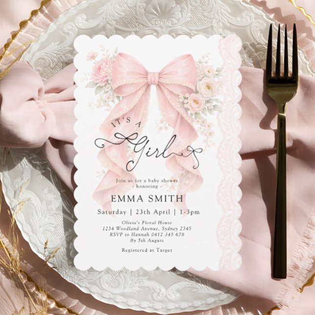 Invitación It's a Girl Pink Bow Coquette Ribbon Baby Shower (Subido por el creador)