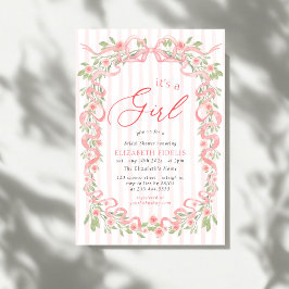 Invitación Its A Girl Pink Bow Floral Roses Baby Shower
