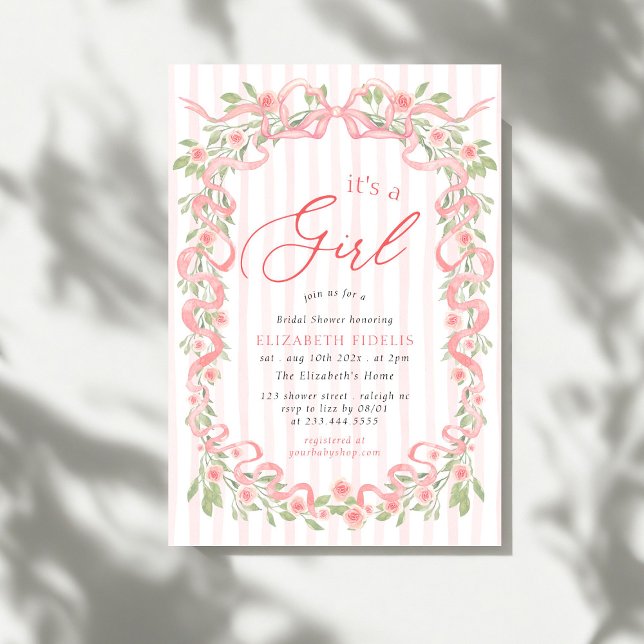 Invitación Its A Girl Pink Bow Floral Roses Baby Shower (Subido por el creador)