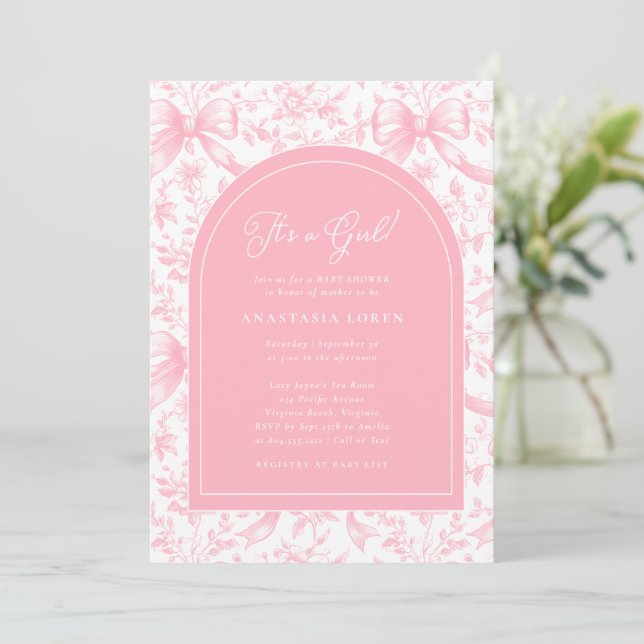 Invitación It's a Girl Pink Bow Toile Modern Baby Shower  (Anverso de pie)