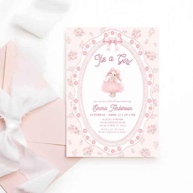 Invitación It's a Girl Pink Bunny Girl Baby Shower (Subido por el creador)