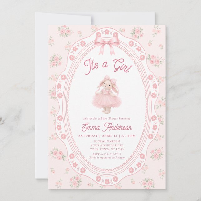 Invitación It's a Girl Pink Bunny Girl Baby Shower (Anverso)