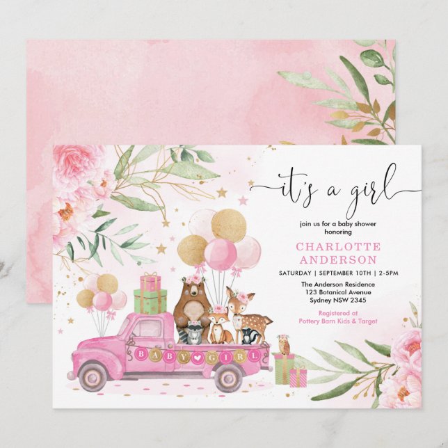 Invitación It's a Girl! Pink Gold Floral Woodland Baby Shower (Anverso / Reverso)