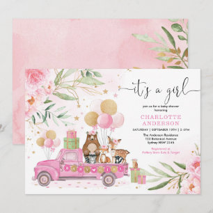 Invitación It's a Girl! Pink Gold Floral Woodland Baby Shower