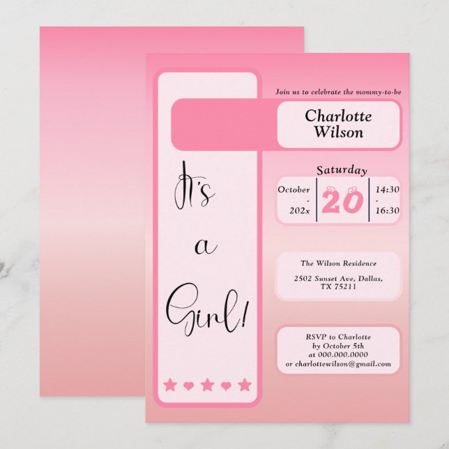 Invitación It's A Girl! Pink Gradient Cute Baby Shower (Anverso / Reverso)