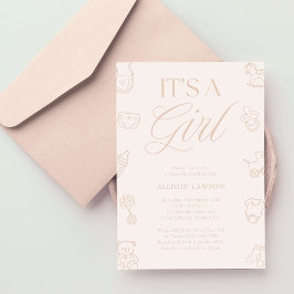 Invitación It's a Girl Pink Hand Drawn Baby Shower