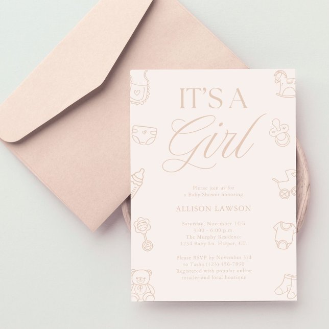 Invitación It's a Girl Pink Hand Drawn Baby Shower (Subido por el creador)