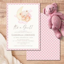 Invitación It's a Girl Pink Moon Bear Baby Shower
