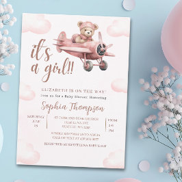 Invitación It's a Girl, Pink Teddy Bear Baby Shower Girl