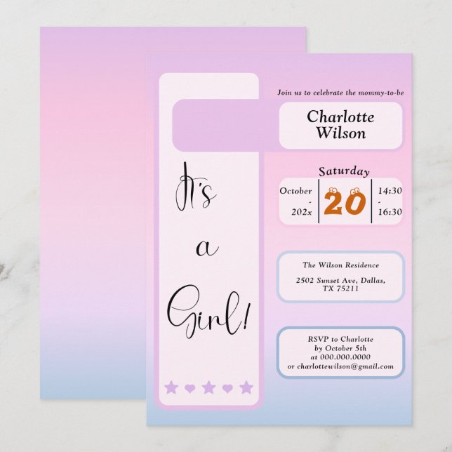 Invitación It's A Girl! Purple Gradient Cute Baby Shower (Anverso / Reverso)