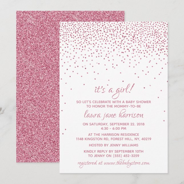 Invitación It's a Girl! Purpurina rosa Confetti Baby Shower (Anverso / Reverso)
