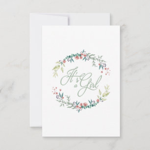 Invitación It's a Girl Quote in Pink Green on Floral Wreath
