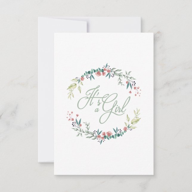 Invitación It's a Girl Quote in Pink Green on Floral Wreath (Anverso)