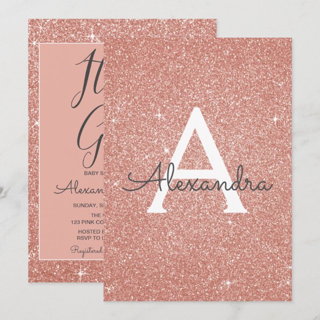 Invitación It's a Girl! - Rosa Baby Shower Purpurina Gold (Anverso / Reverso)
