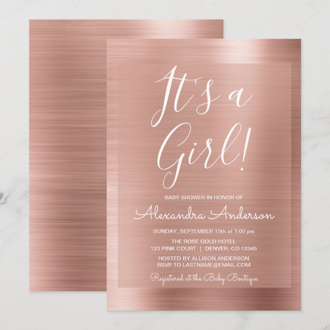 Invitación It's a Girl! - Rosa de Baby Shower Relieve metaliz (Anverso / Reverso)