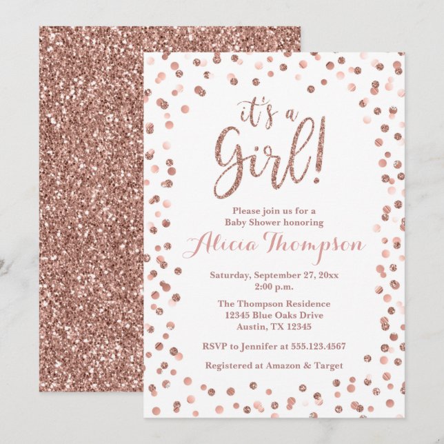 Invitación It's a Girl Rose Gold Baby Shower Invitation (Anverso / Reverso)