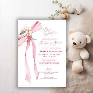Invitación It's a Girl! Rubor Pink Bow Floral Baby Shower