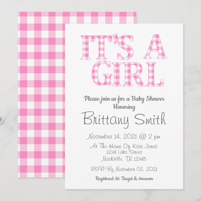 Invitación Its A Girl Simple Pink and White Baby Shower (Anverso / Reverso)