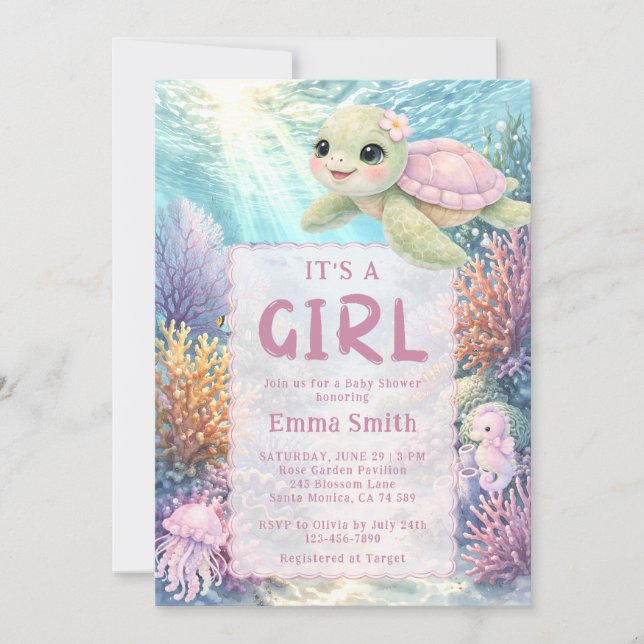 Invitación It's a Girl Under the Sea Turtle Girl Baby Shower (Anverso)