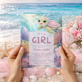 Invitación It's a Girl Under the Sea Turtle Girl Baby Shower