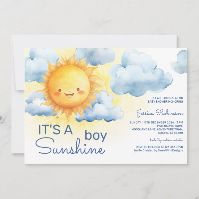 Invitación It's a Sunshine Boy Baby Shower (Anverso)