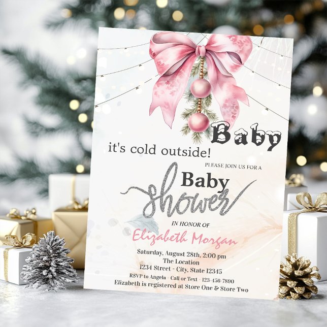Invitación It's Cold Outside Bow Balls Lights Baby Shower (Subido por el creador)