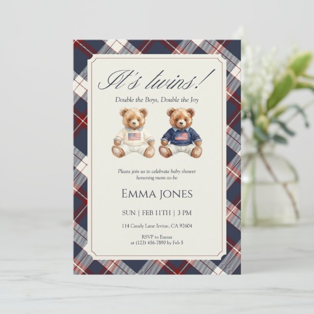 Invitación Its Twins Double Plaid teddy bear Baby Shower (Anverso de pie)
