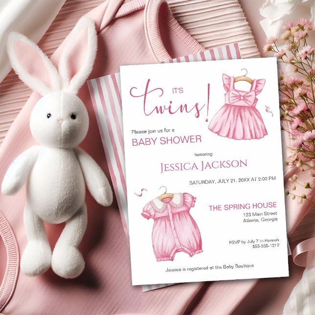 Invitación It's Twins Pink Script Baby Dresses (Subido por el creador)