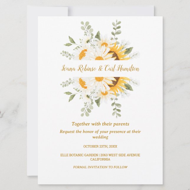 Invitación IVANA Elegante Boda de flores amarillas y blancas (Anverso)