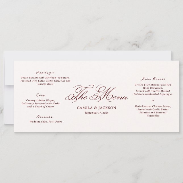 Invitación Ivory and Burgundy Wedding Menu Card (Anverso)