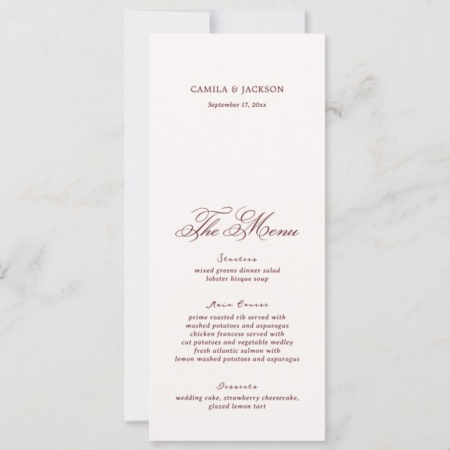 Invitación Ivory And Burgundy Wedding Menu Card (Anverso)