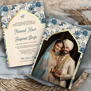 Invitación Ivory Azul Floral Foto Anand Karaj Boda Sikh