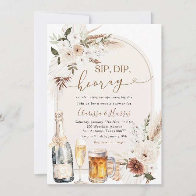 Invitación Ivory Beige Boho Sip Dip Hooray Couple Shower (Anverso)