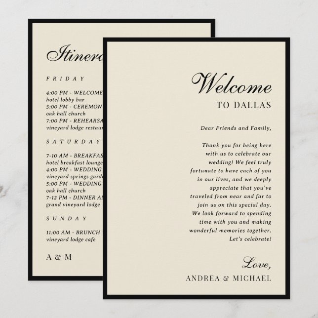 Invitación Ivory & Black Old Money Wedding Itinerary Card (Anverso / Reverso)
