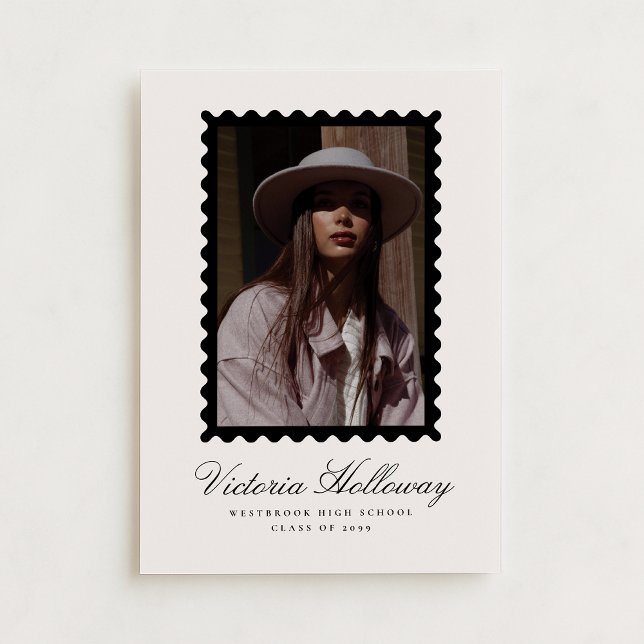 Invitación Ivory Black Postage Stamp Graduation Announcement  (Subido por el creador)