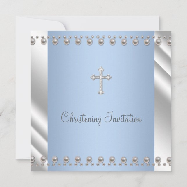 Invitación Ivory Blue Pearl Cross Boy Christening (Anverso)