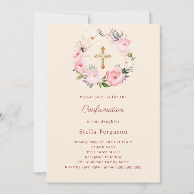 Invitación Ivory blush florals cross Confirmation (Anverso)