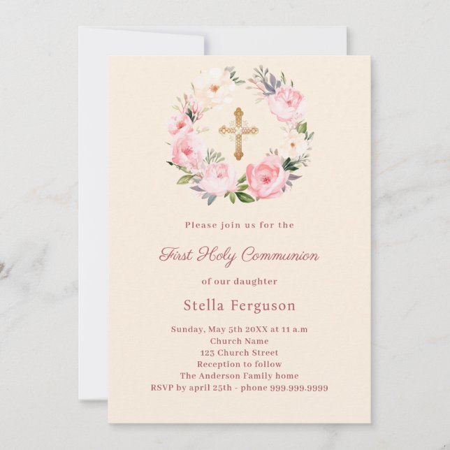 Invitación Ivory blush florals cross First Communion (Anverso)