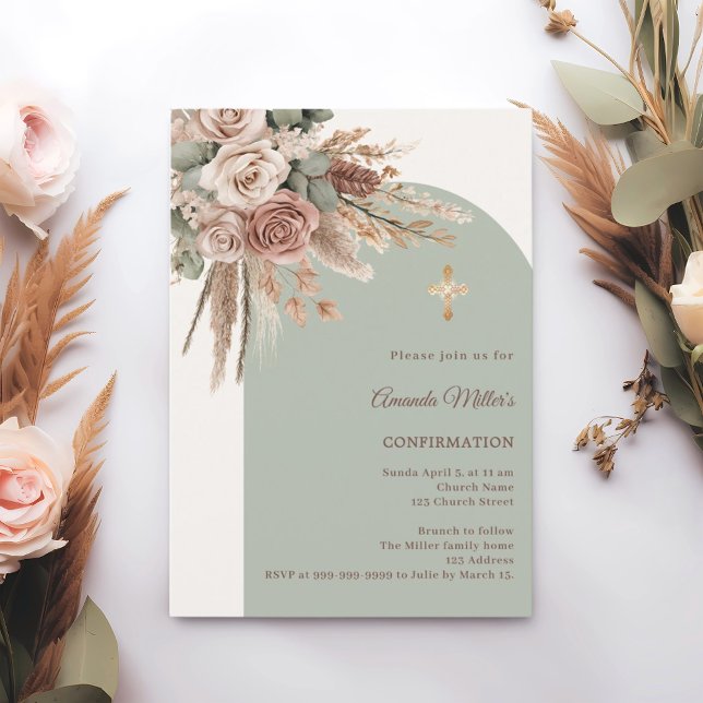 Invitación Ivory blush roses sage green arch Confirmation (Subido por el creador)