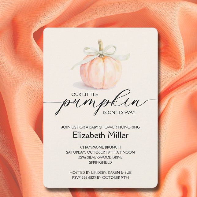 Invitación Ivory Bow Little Pumpkin Baby Shower (Ivory ribbon and bow little pumpkin gender-neutral baby shower invitations)