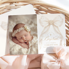 Invitación Ivory Bow Pearls Elegant photo Baptism