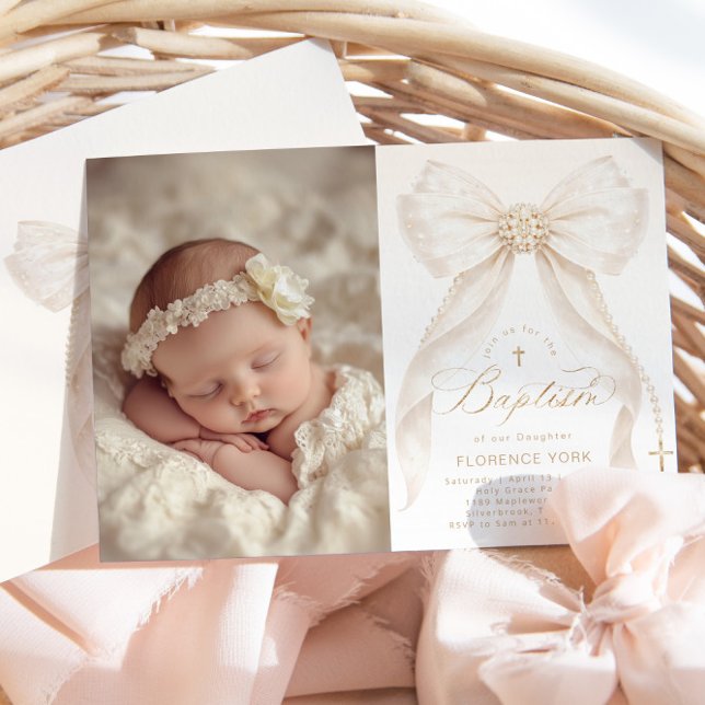 Invitación Ivory Bow Pearls Elegant photo Baptism (Subido por el creador)